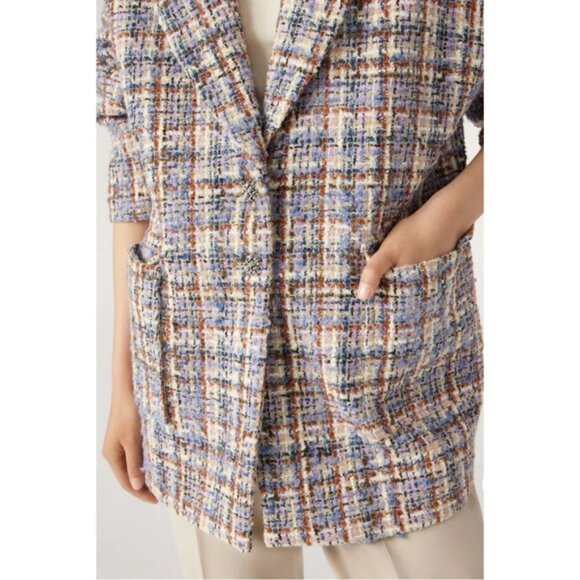 BA&SH Paris Blue Cream & Red Plaid Tweed Oversized Blazer Jacket Timy Short Coat - Picture 6 of 14